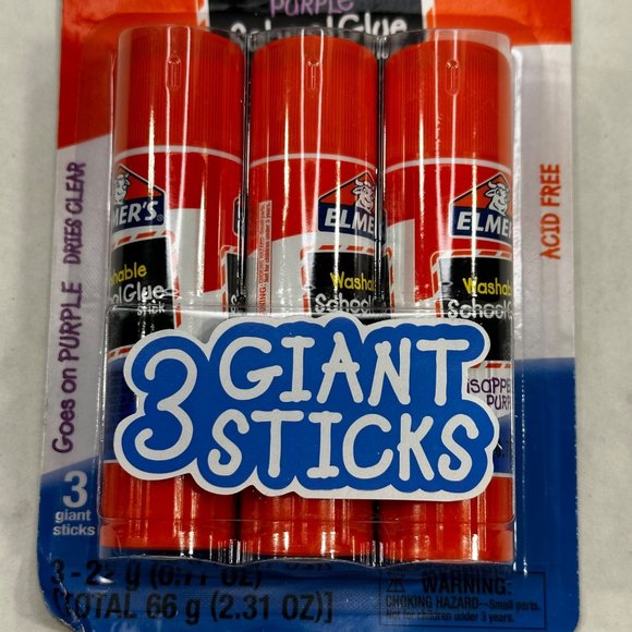 Elmer's Disappearing Purple Washable 3 Giant Glue Sticks New In Package - Picture 3 of 7